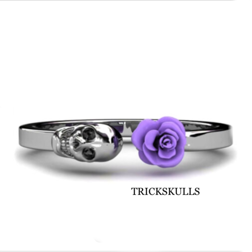 Silver Stainless Purple Rose & Skull Adjustable Open Ring Size 6 New & Sealed!